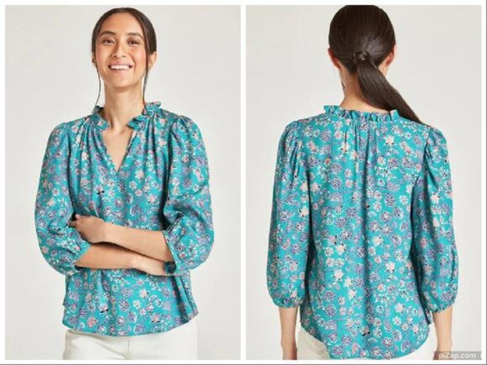 Thought Chandri Crepe Blouse Midori Green Blue Floral Print Size 6